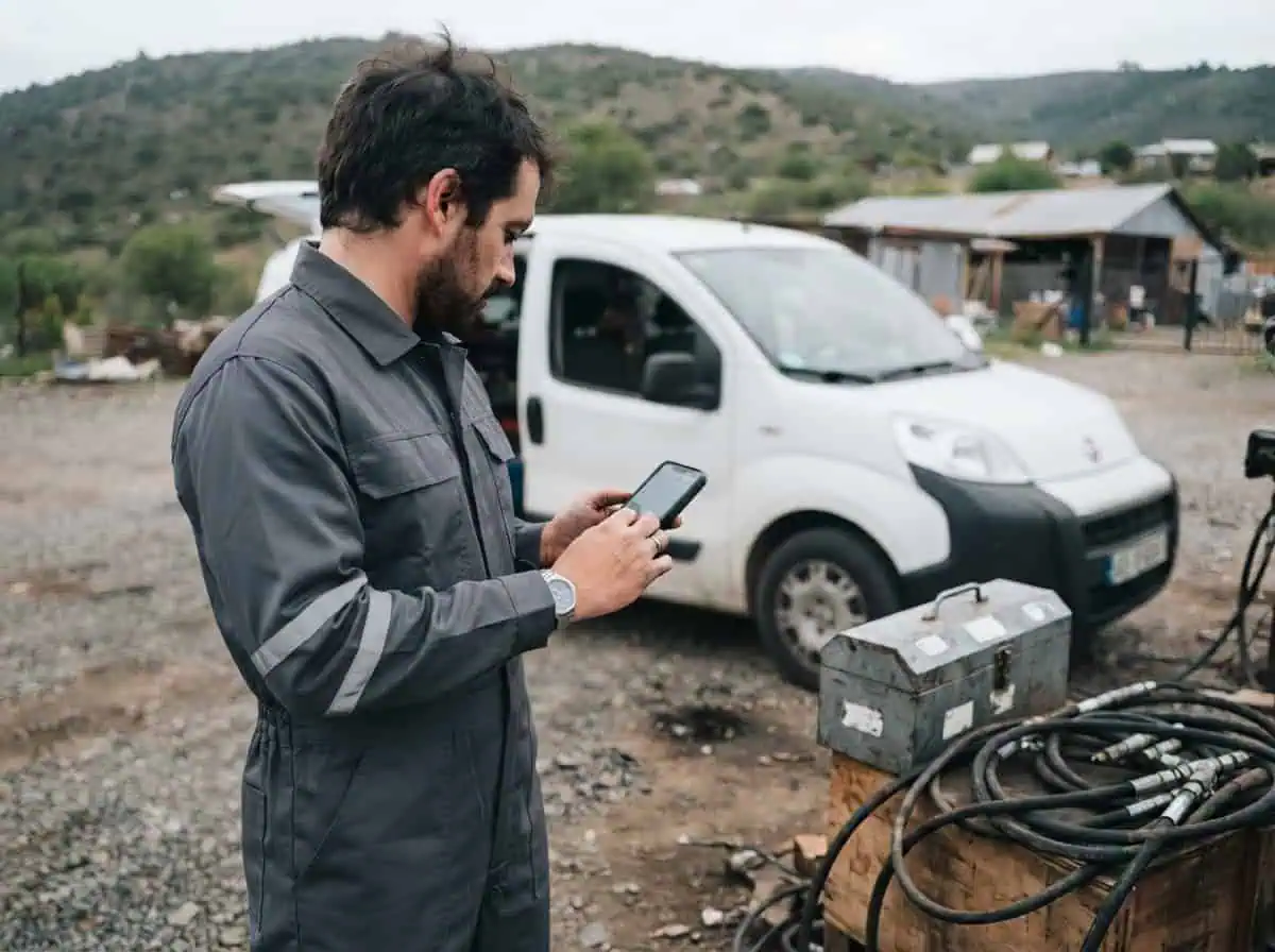 Técnico con overol junto a una camioneta de servicio, completa un formulario en su celular desde terreno.