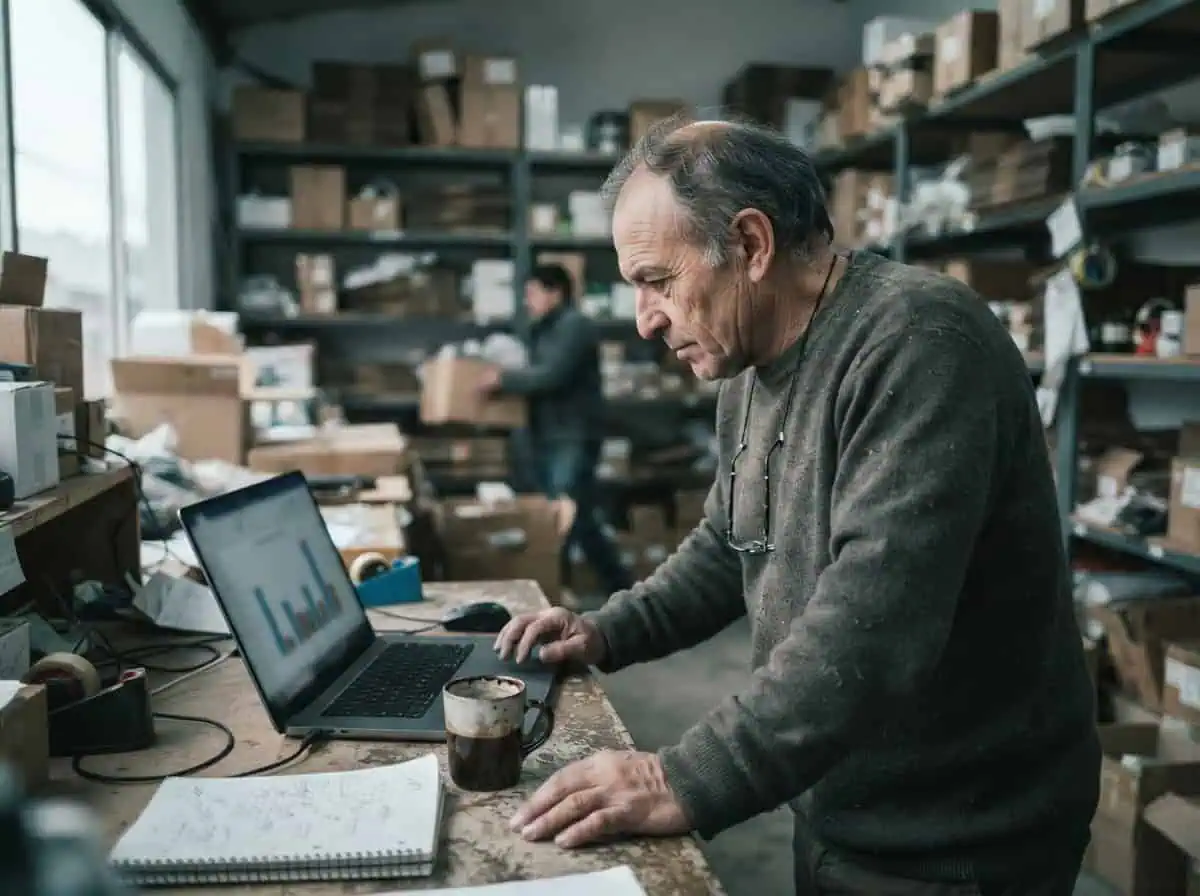 Dueño de una pyme revisa un panel con gráficos en su notebook, de pie frente al mesón de su bodega.