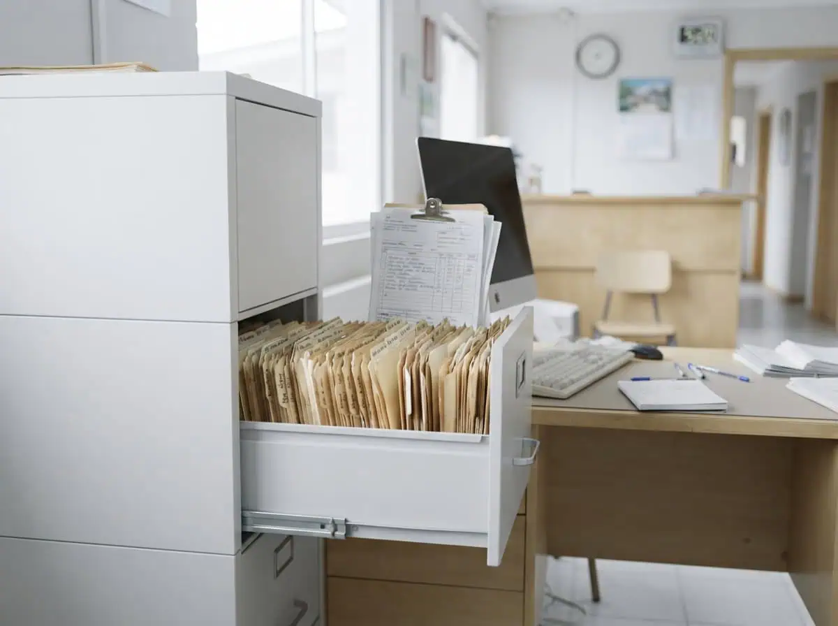 Cajón de archivador abierto con carpetas de clientes en papel, junto a un escritorio con computador en una recepción.
